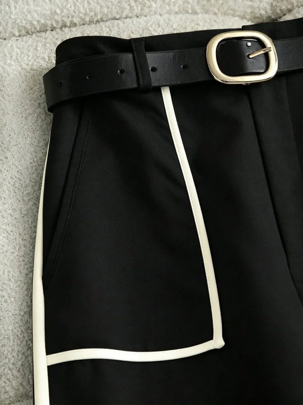 Black Elegant Women's Contrast Piping Elastic Waist Wide Leg Pants_5